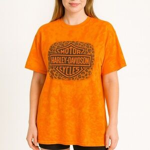 Harley Davidson logo tee leopard print Orange tie dye tee Size XL Gildan Tag G6